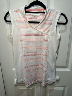 Pebble Beach White & Coral Striped Sleeveless Golf Polo M